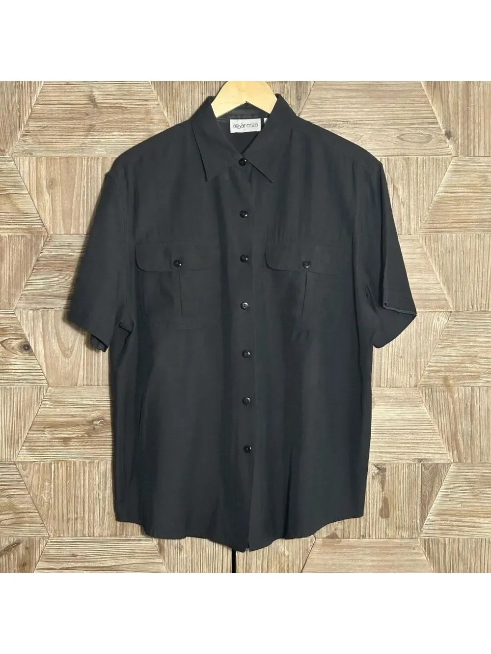 Vintage Apparenza Minimalist Black Short Sleeve Button Up Shirt Size L Utility